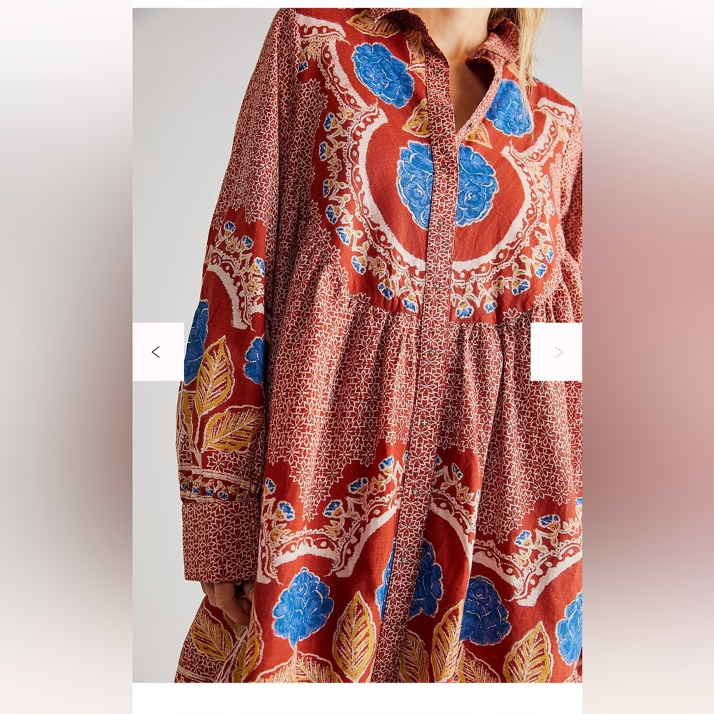 Free People Rust Floral Long-Sleeve Maxi Dress with Blue and Yellow Accents